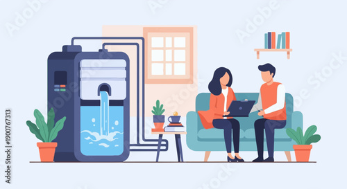 Two people consult on a water purification system in a modern room