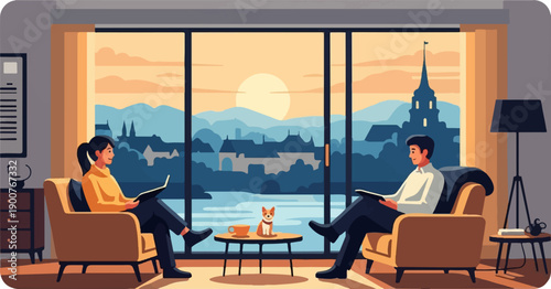 Two people reading in armchairs by a large window with a scenic view