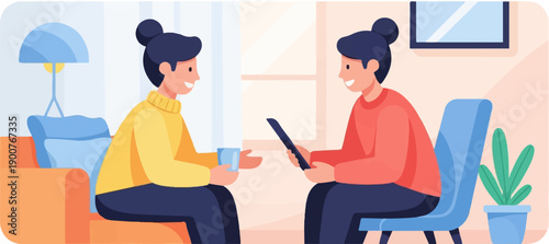 Two people converse in a cozy room, one holding a cup, the other a tablet