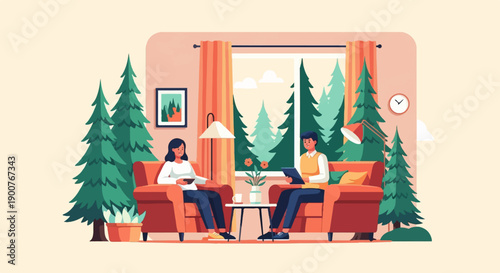 Two people converse in a cozy room with a forest view