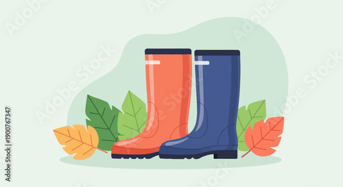 Two pairs of rubber boots surrounded by autumn leaves