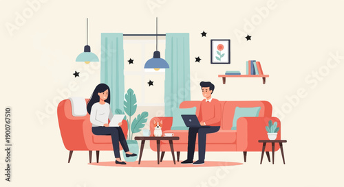 Two people relax at home with a dog, one working on a laptop, other reading