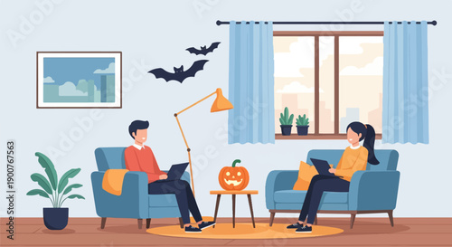 Two people relax at home, working on laptops with Halloween decor