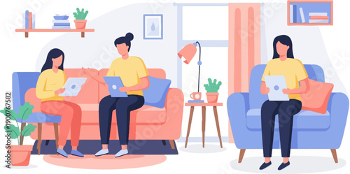 Three women using tablets in a living room setting with furniture