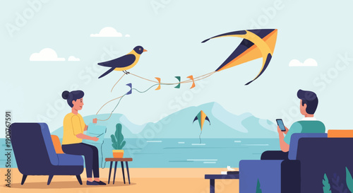 Two people enjoy a seaside view with kites flying and a bird perched nearby