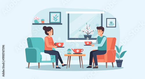 Two people enjoy hot drinks while sitting in comfortable chairs indoors