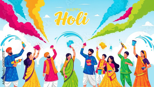 Vibrant holi celebration with diverse group throwing colorful powder