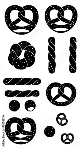 Black and white vector pretzel icons with sesame seeds on white background various shapes