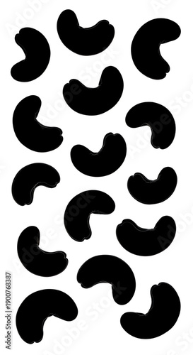 Black cashew nuts silhouette isolated on white background for food or snack design elements collection