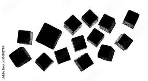 Black microchips with various orientations on clean white background for electronics and technology concepts