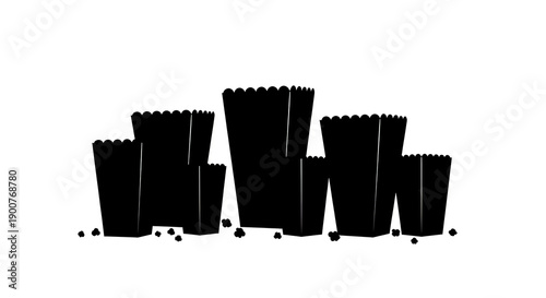 Black popcorn buckets isolated on white background for cinema or movie night concept designs