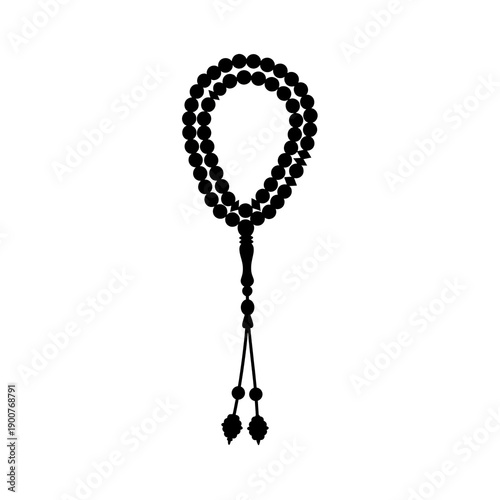 Black rosary beads on a white background with tassel and decorative elements attached below