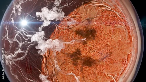 Floating collagen clumps inside vitreous body casting drifting shadows on retina as eye fluid changes in detailed internal animation