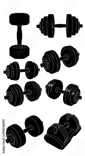 Black silhouette dumbbell icons set for fitness and workout illustrations on white background vector graphics