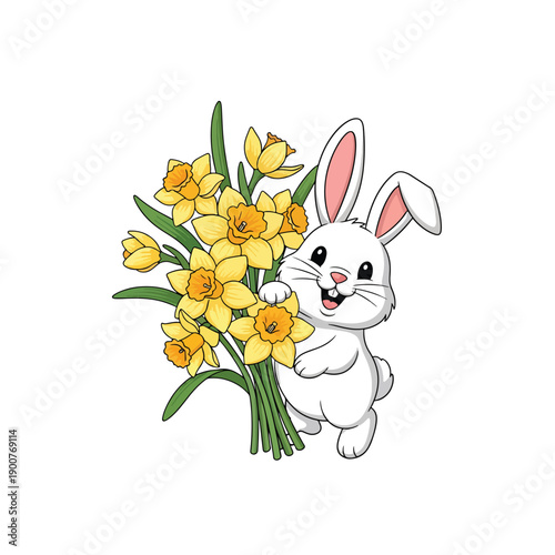 Cute Cartoon Rabbit Happily Holding a Fresh Bouquet of Yellow Spring Daffodils Illustration