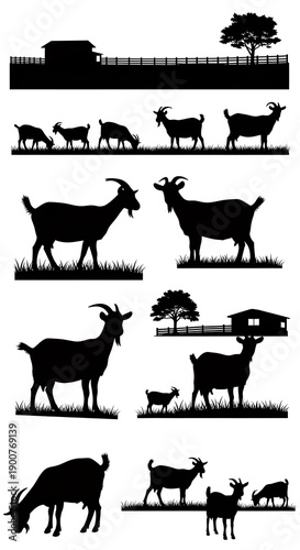 Black silhouette goats on grass and farm background vector illustration set on white background isolated
