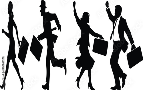 Collection Of Business Professionals Silhouettes Carrying Briefcases Running And Celebrating For Corporate Success Commuter Rush Career Competition Professional Morning Lifestyle& Team Growth Concepts