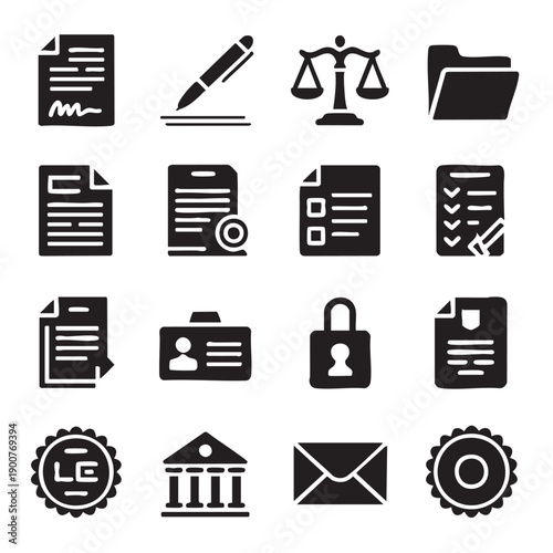 Law Document Icons with Legal Symbols and Security Elements