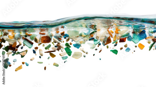 Colorful micro plastic fragments suspended in water wave environmental pollution debris texture close up scientific detail isolated on white background