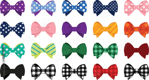 Cute colorful bow tie icon set featuring polka dot, striped, and plaid ribbon bows for fashion accessories, party decor, and kids design projects