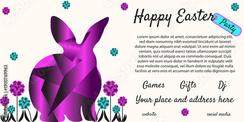 Modern Happy Easter horizontal ads banner. Vibrant color vector Gradient Easter bunny spring flower and bold holiday message. Perfect promotion banner. EPS 10