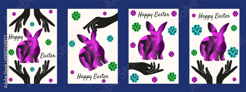 Modern Vibrant color happy Easter greeting poster cover set. Vector neon pink Gradient Easter bunny black hands with holiday bold message. Perfect 2026 trendy Easter vertical card collection. EPS 10