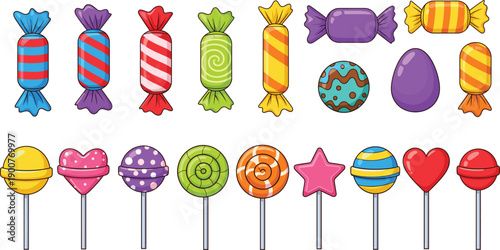 Cute colorful candy and lollipop icon set featuring wrapped sweets, heart shapes, stars, and striped treats for kids, party, and dessert design projects