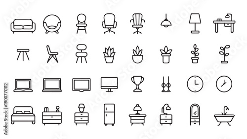 A versatile collection of 40 minimalist line art icons, showcasing modern home furniture, decor, electronics, and office items with a clean vector aesthetic