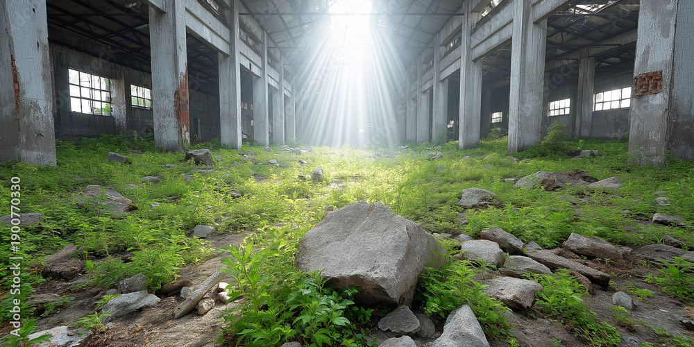 Obraz premium Abandoned industrial ruin with sun rays breaking through roof, nature reclaiming former factory building floor