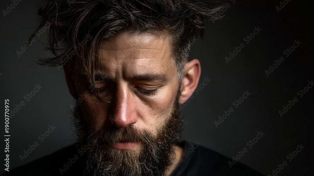Obraz premium A close-up portrait of a man with a beard and a serious expression on his face