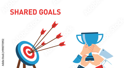 Illustration of shared goals leading to collective success and achievement, depicted by arrows hitting a target and multiple hands holding a trophy.