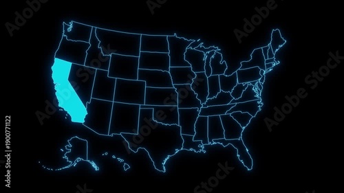 California state highlighted on USA outline map 4k animation