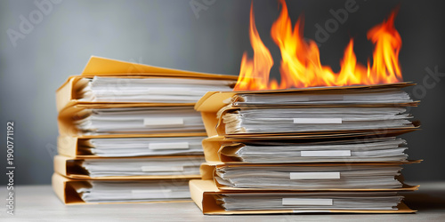 Paper files in manila folders burning, symbolizing destroyed confidential data, evidence, and secrecy