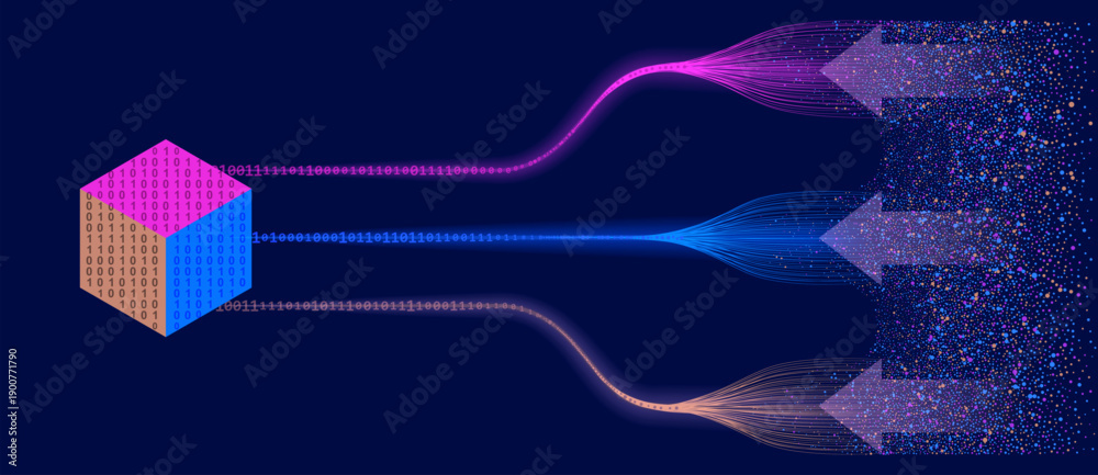 Naklejka premium Chaotic particles converge into binary streams, evolving into a structured 3D data. A clear metaphor of raw information transforming into organized digital storage.