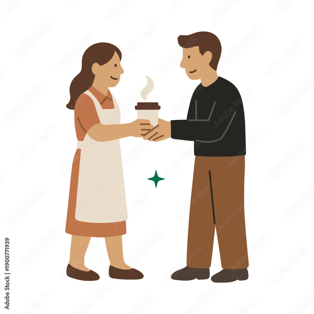 Fototapeta premium Vector illustration of a smiling barista giving a hot takeaway coffee cup to a male customer in a friendly café setting.