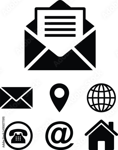 Contact cartoon icons, editable vector clipart, envelope silhouette, location pin, globe symbol, telephone, at sign, house, communication, stylized