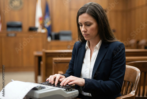 Professional female court reporter typing on a stenograph machine in a traditional courtroom setting