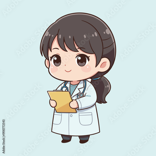 Cute chibi female doctor character wearing white lab coat and stethoscope holding medical clipboard, adorable kawaii healthcare professional illustration.