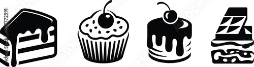 Dessert cartoon icons, editable vector clipart, cake slice, cupcake silhouette, round cake, layered pastry, sweet treats, bakery, stylized