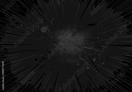 Dark cinematic comic background with intense radial speed lines and gritty halftone distressed textures