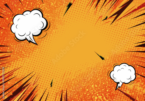 Vibrant orange comic art background with white speech bubbles among explosive radial speed lines textures