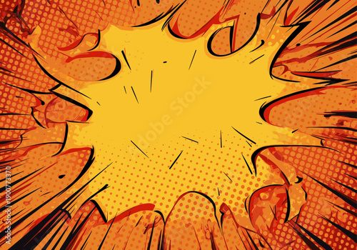 Energetic orange comic art background with explosive black radial lines and dense halftone dot textures