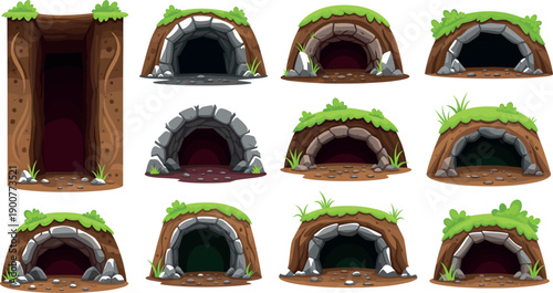 Underground cave and tunnel entrance vector set with rocky holes and grass for game level design