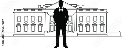 Political silhouette illustration, person in suit at White House, leadership and authority concept, flat vector illustration, black and white
