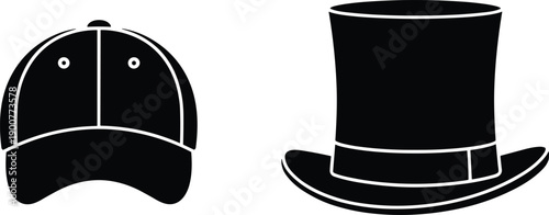 Hat cartoon icons, editable vector clipart, baseball cap silhouette, top hat silhouette, casual style, formal fashion, headwear, stylized