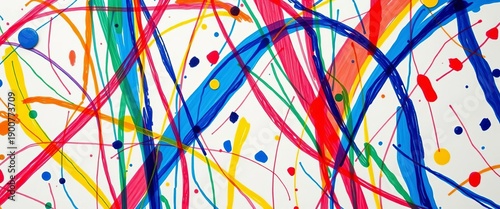 Abstract, colorful, chaotic lines and shapes on a surface, resembling spontaneous artwork from early childhood development,  paper,  pastel
