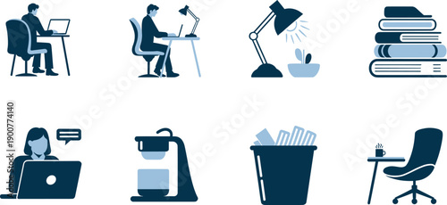 Office cartoon icons, editable vector clipart, workspace silhouettes, laptop worker, desk lamp, books stack, coffee maker, chair, communication, stylized