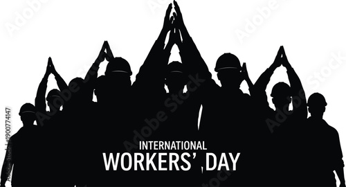 International Workers’ Day unity, labor solidarity, hard hat workforce, collective strength, union rights, global labor movement, modern poster, flat vector illustration
