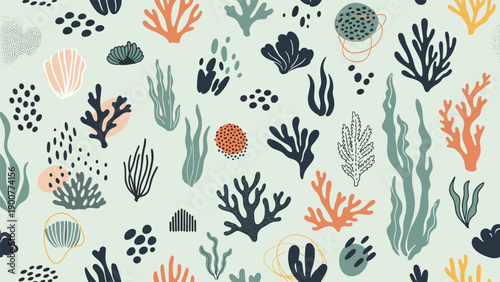 Seamless marine pattern, featuring abstract underwater plants, coral, and diverse sea elements in muted colors, creating a tranquil oceanic background.
