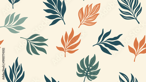 Seamless botanical pattern, featuring diverse stylized leaves in a harmonious palette of muted colors on a soft cream background, perfect for natural designs.
